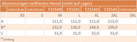 Abmessungen Reißfestes Hemd F215