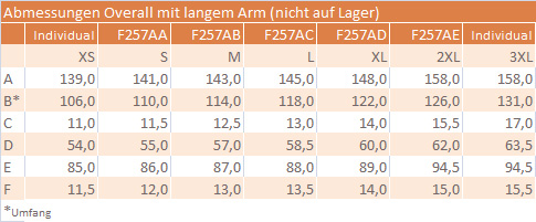 Abmessungen F217 - Reißfester Overall mit langem Arm