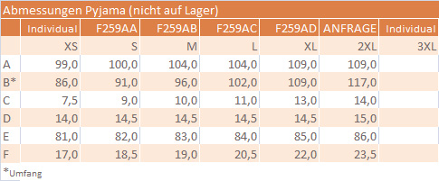Abmessungen ReißfesterPyjama F259