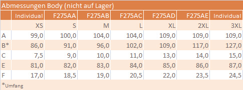 Abmessungen Reißfester Body F275