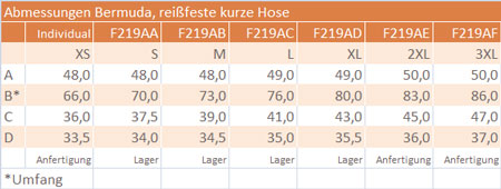 Abmessungen Bermuda F219 - Reißfeste Bermuda