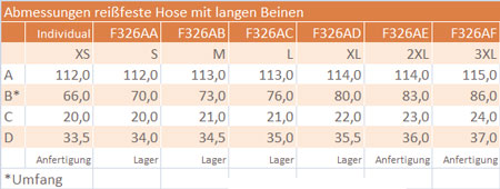 Abmessungen lange Hose F326 - Reißfeste Hose mit langen Beinen